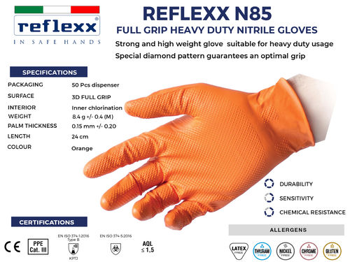 Reflexx N85 Luvas Industriais Full Grip de Nitrilo 50Pcs