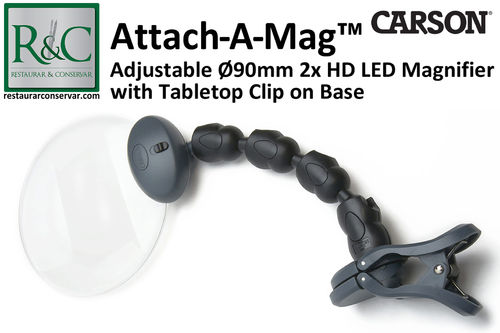 Carson Attach-A-Mag HD LED Hands Free Adjustable 2x Magnifier with Tabletop Clip on Base